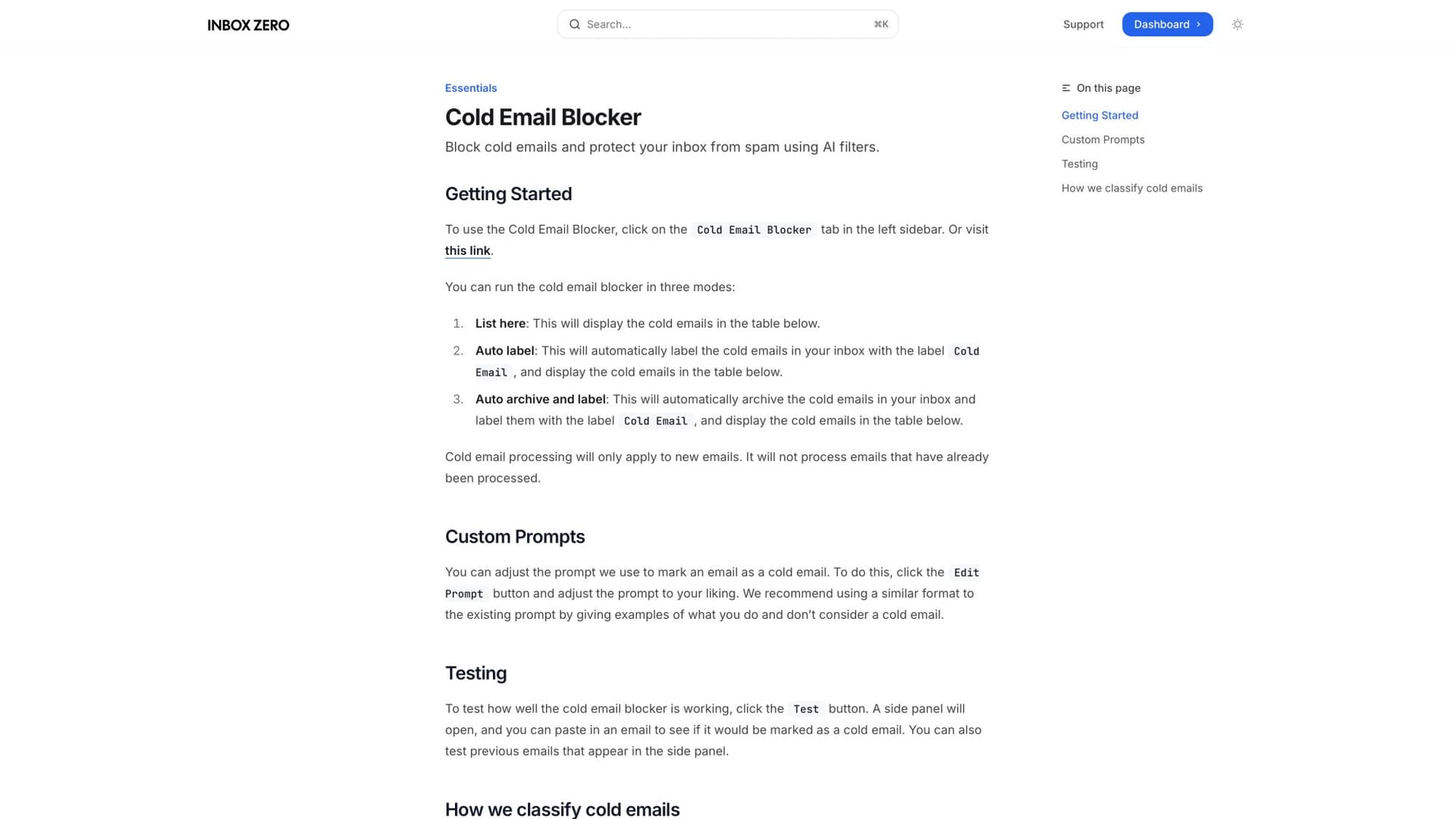 Inbox Zero Cold Email Blocker interface showing auto-filter settings for sales and spam outreach